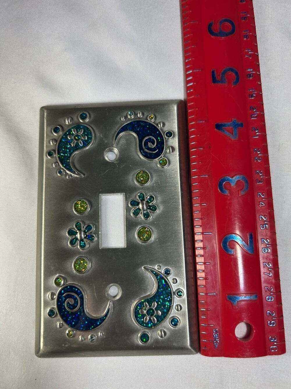 A paisley blue green glittery floral sliver tone metal decorative plate cover